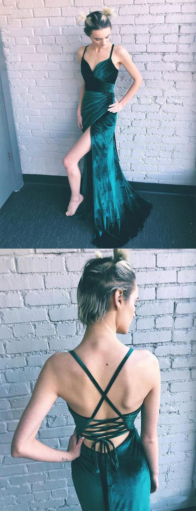 Teal Green Velvet Lace Up Back Side Slit Prom Dresses ,PD00307