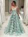 Tiffany Blue Illusion Floral Organza Spaghetti Strap Prom Dresses,PD00212