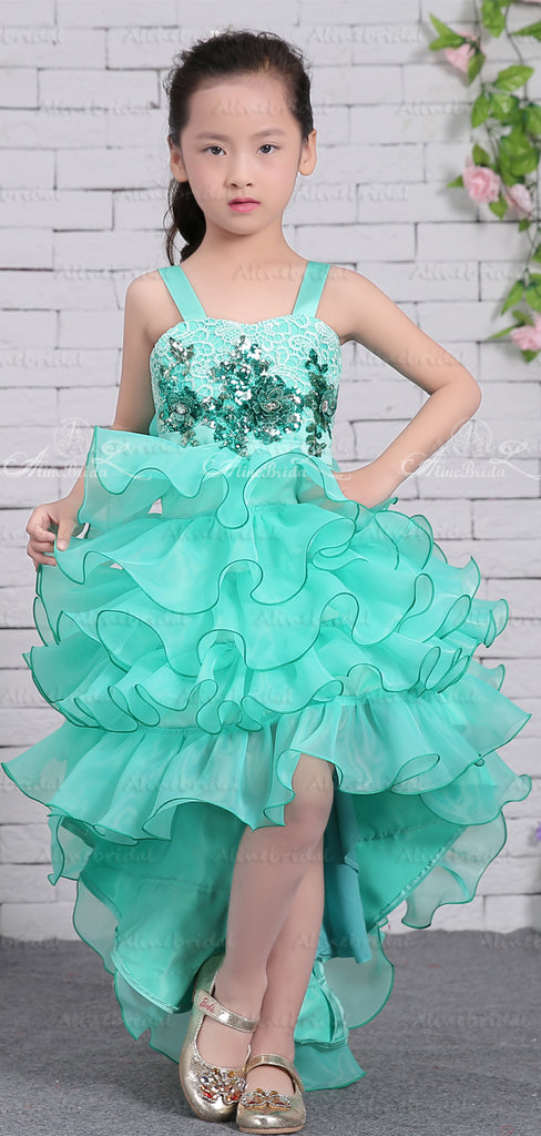 Tiffany Blue Organza Ruffles Tiered High Low Unquie Flower Girl Dresses, FGS134