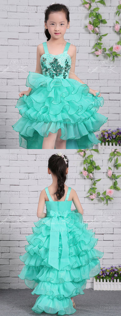 Tiffany Blue Organza Ruffles Tiered High Low Unquie Flower Girl Dresses, FGS134