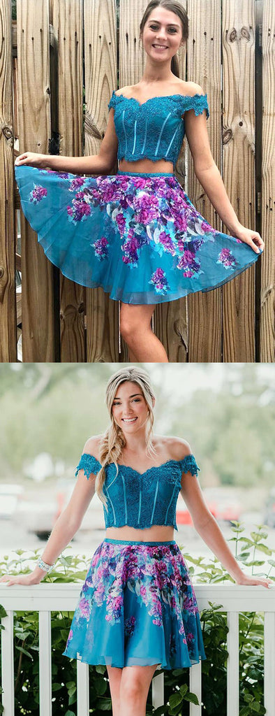 Turquoise Off Shoulder Beading Lace Floral Homecoming Dresses,HD0035