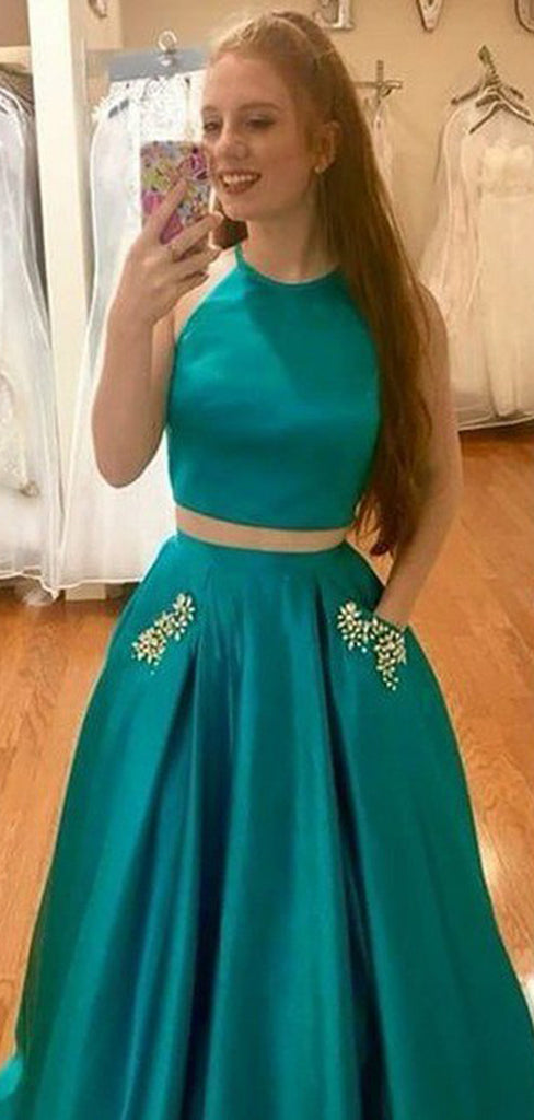 Two Piece Green Satin Open Back Beading Pocket Prom Dresses,PD00358