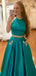 Two Piece Green Satin Open Back Beading Pocket Prom Dresses,PD00358