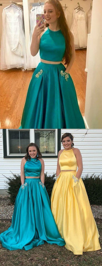 Two Piece Green Satin Open Back Beading Pocket Prom Dresses,PD00358