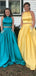 Two Piece Green Satin Open Back Beading Pocket Prom Dresses,PD00358