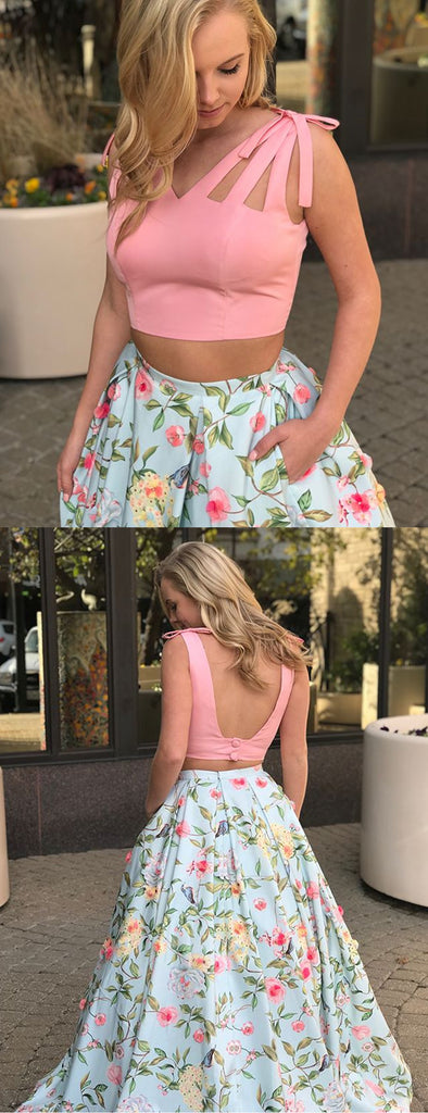 Two Piece Peach Floral Prints Pocket Prom Dresses ,PD00125