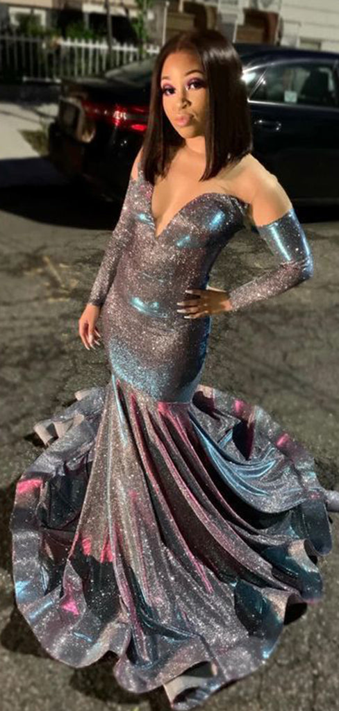 Sparkly Grey V-Neck Long Sleeves Prom Dress , Mermiad Evening Dress with Train, PD1052