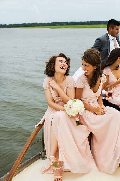 Charming  Long Light Pink Deep V-neck Cap Sleeve Split Chiffon Cheap Simple Style Bridesmaid Dresses, AB1158