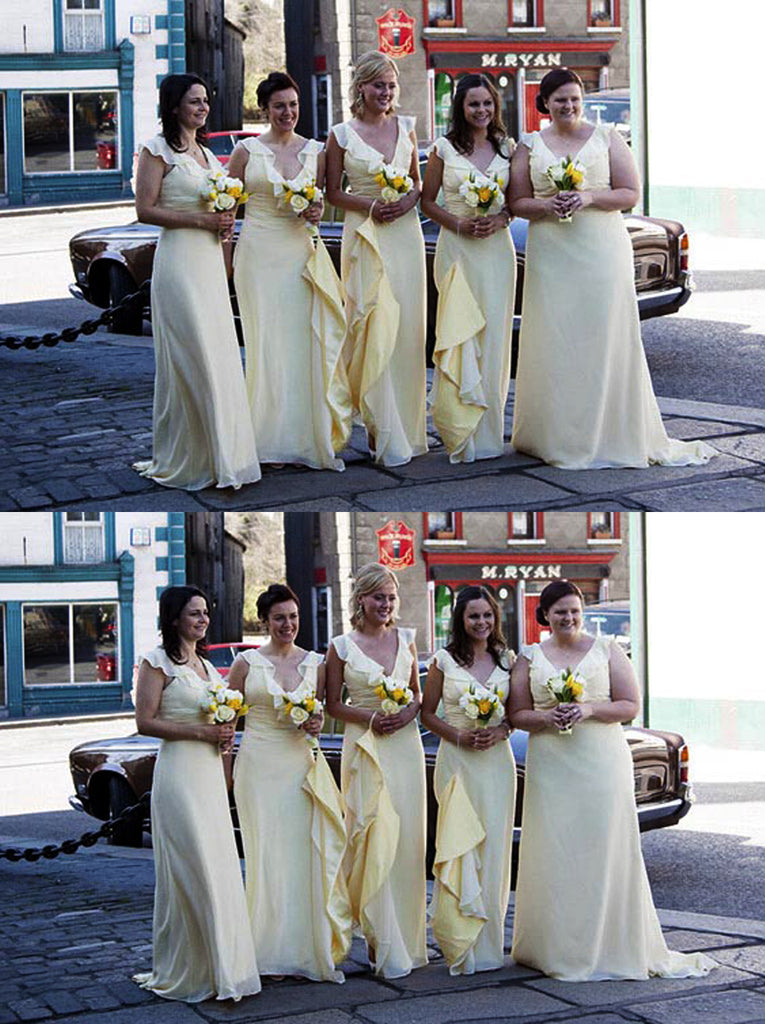 Pastel Yellow Chiffon Cap Sleeve V-neck Elegant Charming Long Column Bridesmaid Dresses. AB1186