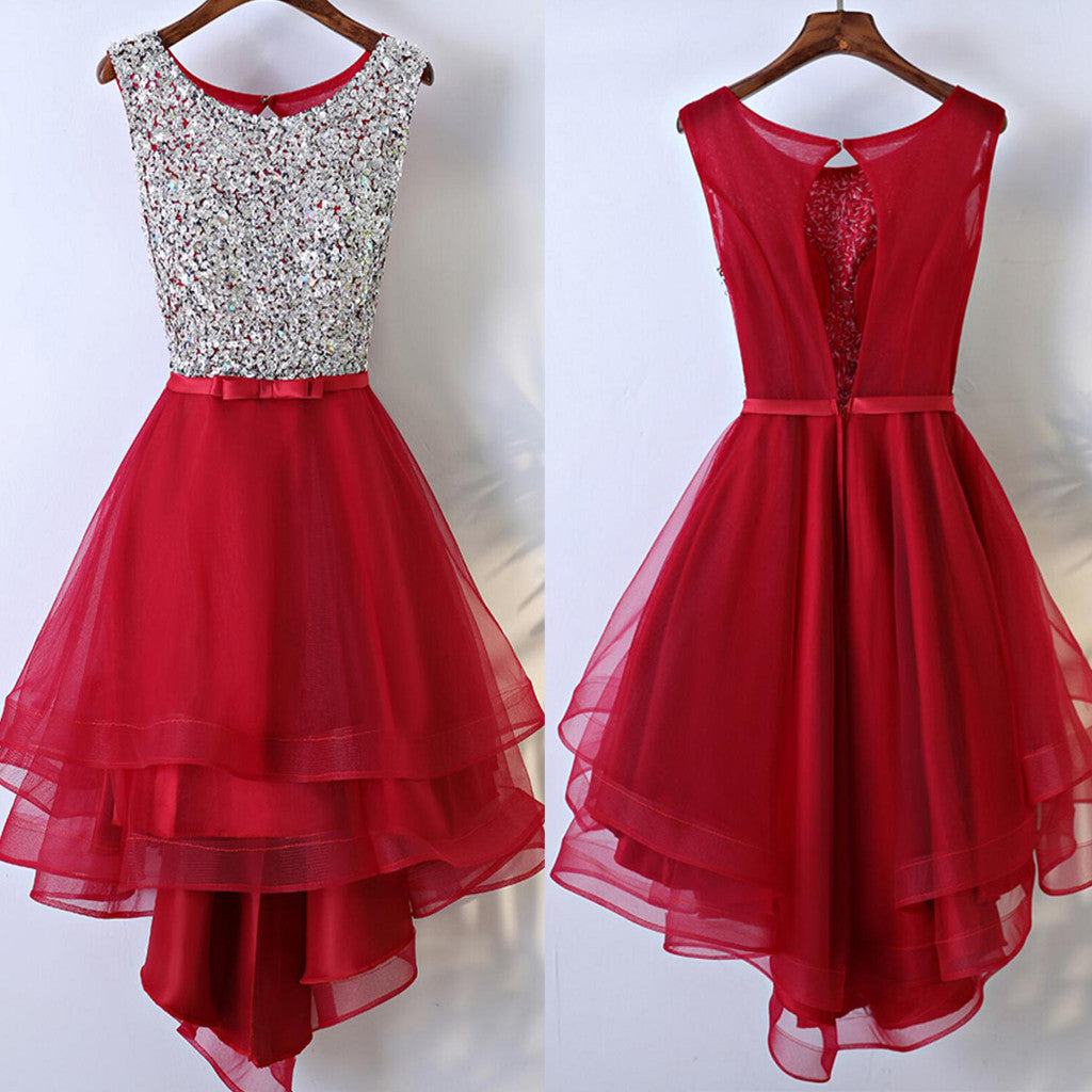 Red HI-Lo Sleeveless Round Neckline Bow Key Hole Back Rhinestone Sequins Homecoming Dresses,BD00203