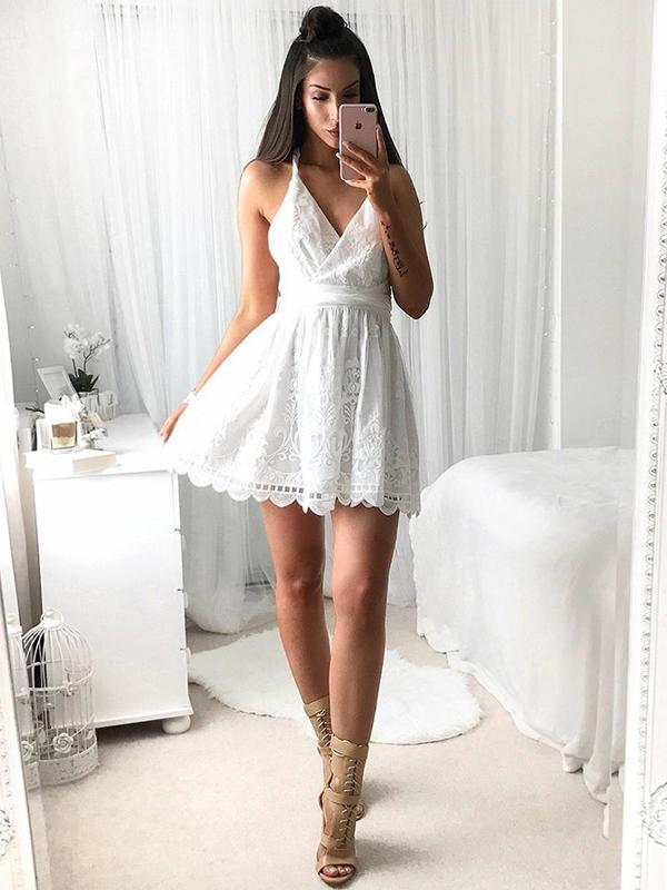 Fashion V Neck Criss Cross White Lace A Line Short Homecoming Dresses, AlineBridal Fashion V Neck Criss Cross White Lace A Line Short Homecoming Dresses, AlineBridal