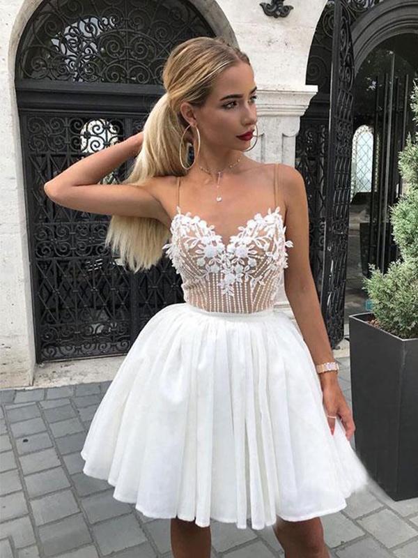 Pretty Spaghetti Strap Lace Appliique A Line Short Homecoming Dress, B AlineBridal Pretty Spaghetti Strap Lace Appliique A Line Short Homecoming Dress, B AlineBridal