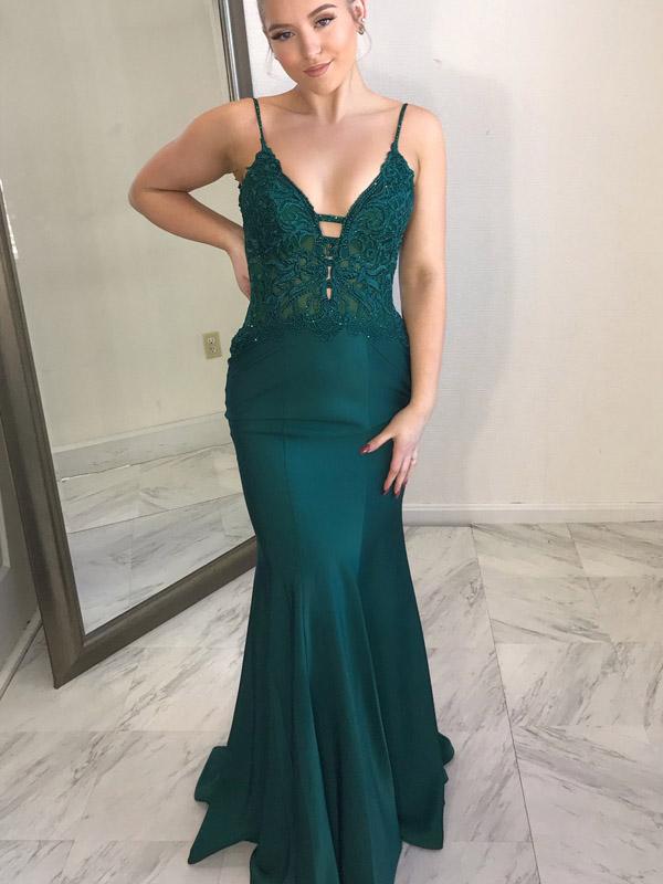 Sexy Hunter green Spaghetti Strap Open Back Mermaid Long Evening Prom AlineBridal Sexy Hunter green Spaghetti Strap Open Back Mermaid Long Evening Prom AlineBridal