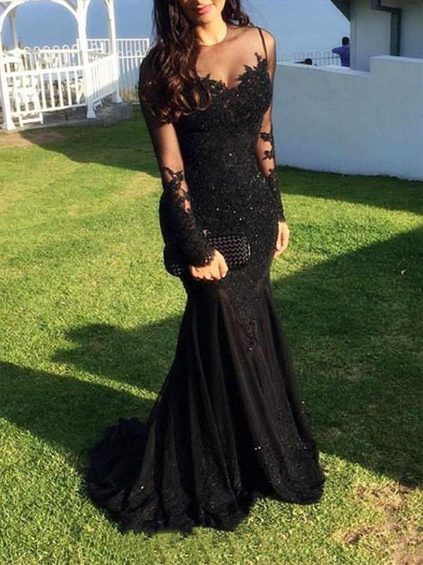 Black Long Sleeves Lace Applique Mermaid Tulle Long Evening Prom Dress AlineBridal Black Long Sleeves Lace Applique Mermaid Tulle Long Evening Prom Dress AlineBridal