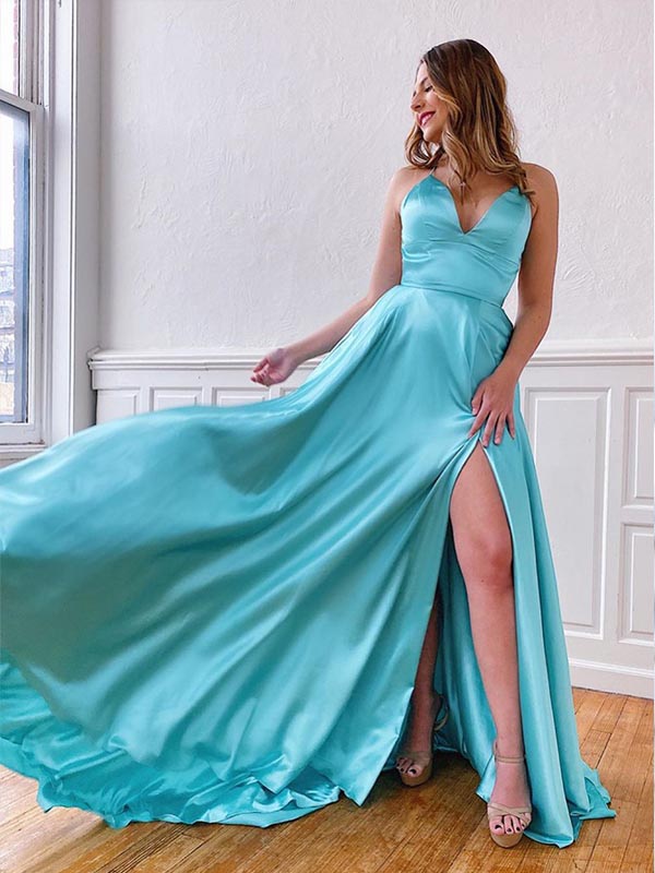Simple Spaghetti Strap Lace Up Back Side Slit Long Prom Dresses, PD003 AlineBridal Simple Spaghetti Strap Lace Up Back Side Slit Long Prom Dresses, PD003 AlineBridal