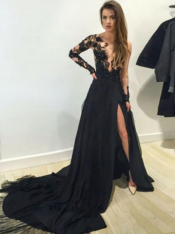 Black Lace Applique Side Slit A Line With Train Long Evening Prom Dres AlineBridal Black Lace Applique Side Slit A Line With Train Long Evening Prom Dres AlineBridal