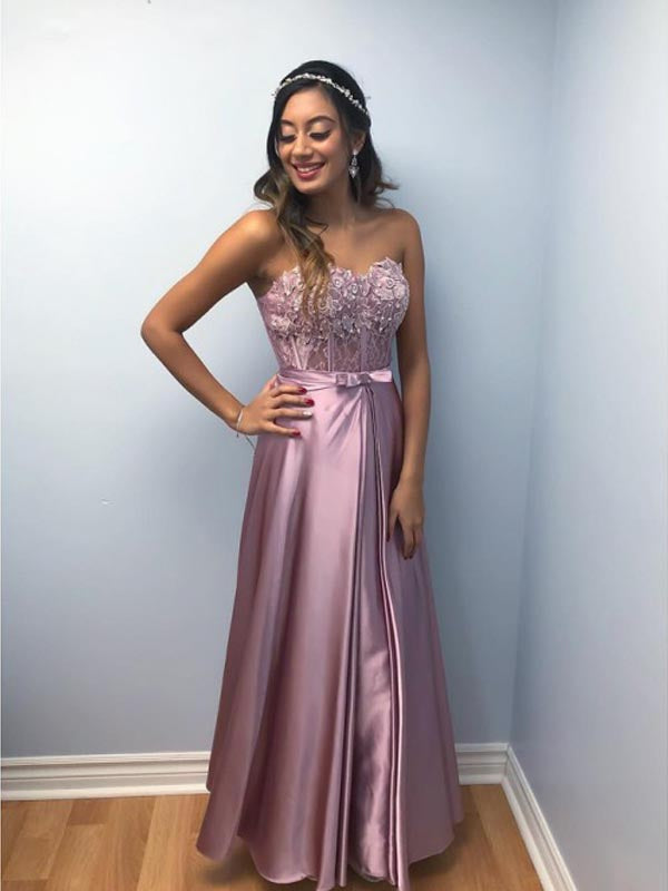 Sweetheart Lace Top Satin A Line Applique Long Evening Prom Dresses, P AlineBridal Sweetheart Lace Top Satin A Line Applique Long Evening Prom Dresses, P AlineBridal