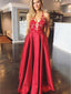 Halter Red Lace Applique Satin A Line Backless Long Evening Prom Dresses, PD0007