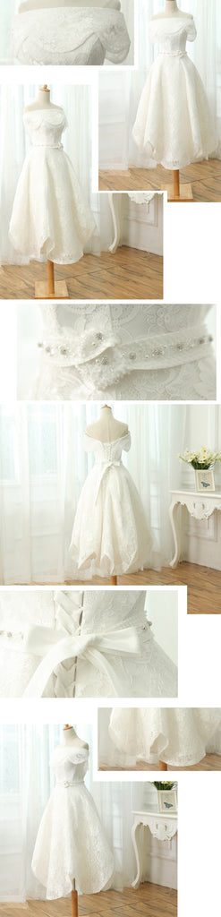 Elegant Petal Off Shoulder Tea-length Full Lace Beading Wedding Dresses,BD00212