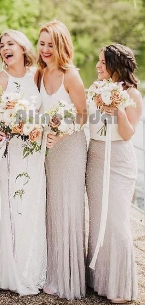 Spaghetti-strap Round-neck Color Block Beads Long Bridesmaid Dress, BD3033
