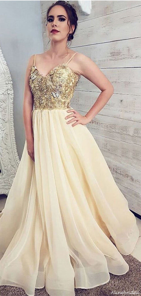Elegant Gold Lace Top A-line Yellow Organza Prom Dress, Evening Gown, PD3285