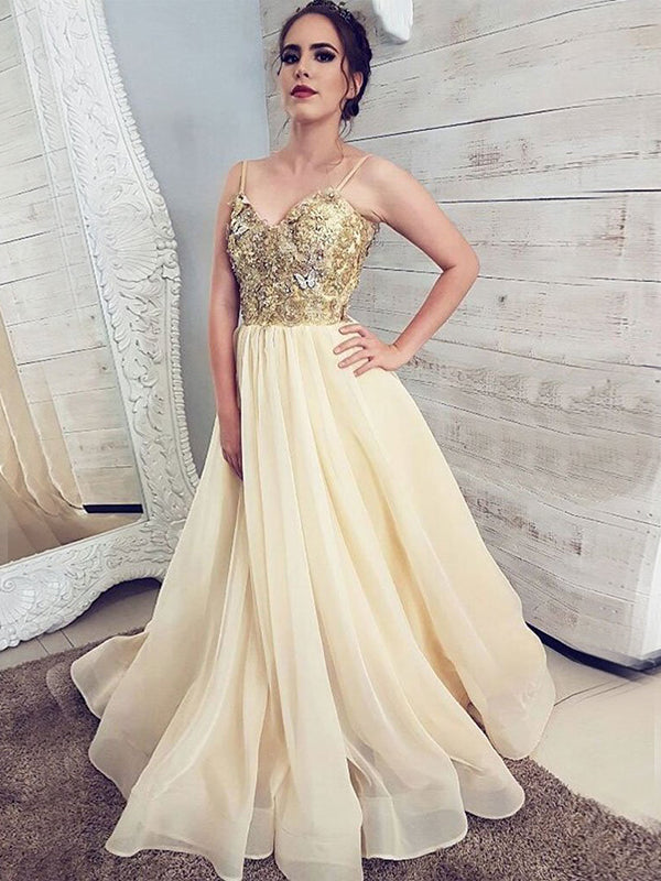 Elegant Gold Lace Top A-line Yellow Organza Prom Dress, Evening Gown, PD3285