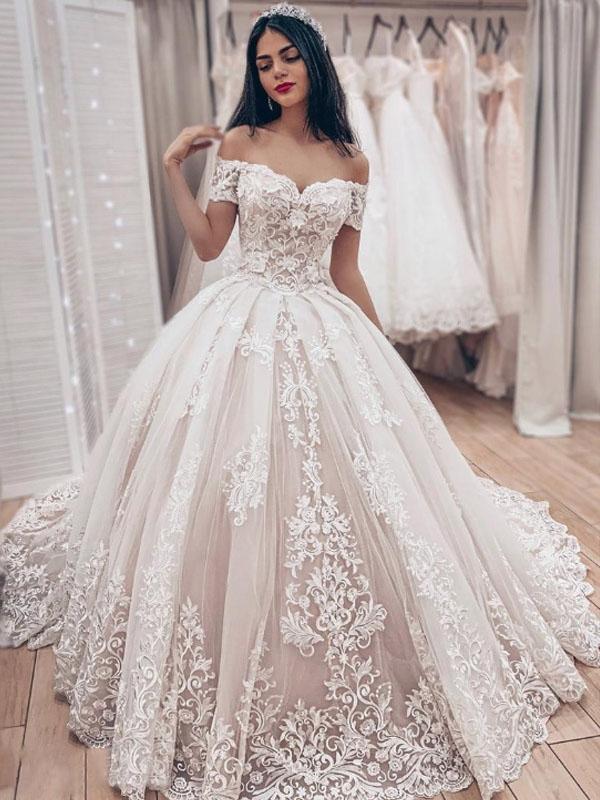 Gorgeous Off The Shoulder Lace Applique Ball Gown Train Long Wedding D AlineBridal Gorgeous Off The Shoulder Lace Applique Ball Gown Train Long Wedding D AlineBridal