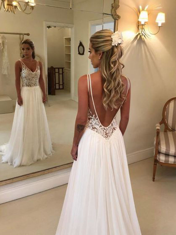 Fashion Lace Top Open Back Chiffon A Line Beach Wedding Dresses, WD111 AlineBridal Fashion Lace Top Open Back Chiffon A Line Beach Wedding Dresses, WD111 AlineBridal