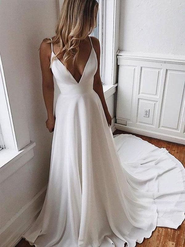 Simple Spaghetti Strap V Neck Lace Back Satin A Line Long Wedding Dres AlineBridal Simple Spaghetti Strap V Neck Lace Back Satin A Line Long Wedding Dres AlineBridal