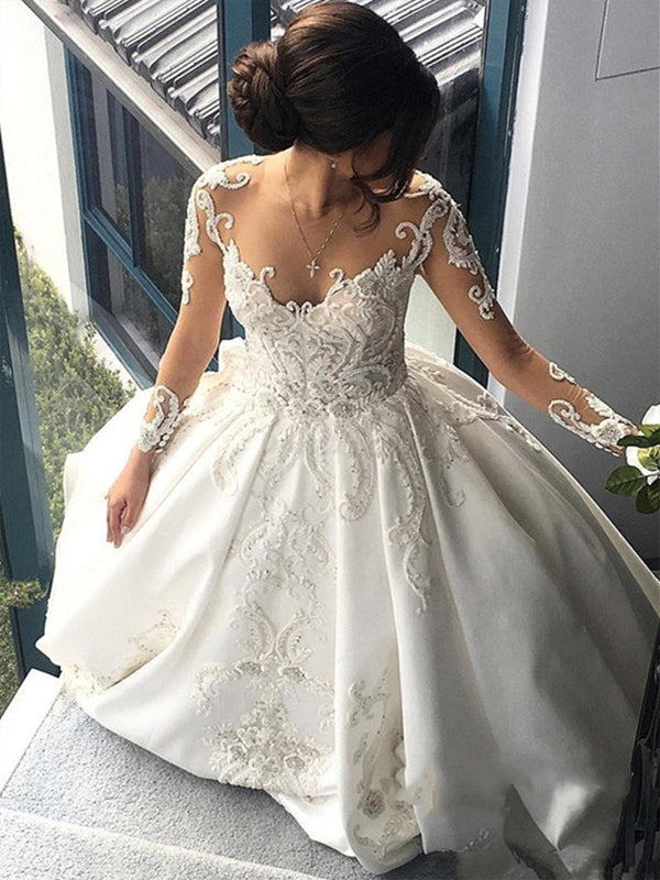 Gorgeous Long Sleeves Lace Applique A Line With Train Long Wedding Dresses, WD1114