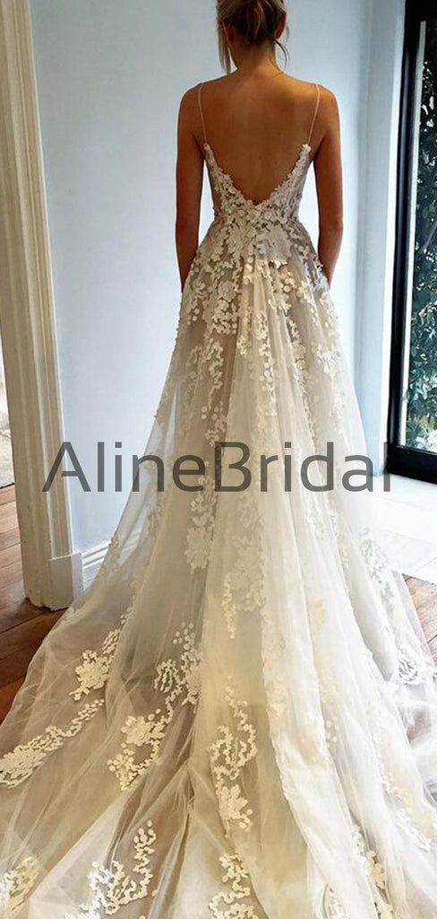 Spaghetti Strap Lace Applique Tulle A Line With Train Long Wedding Dresses, WD1115