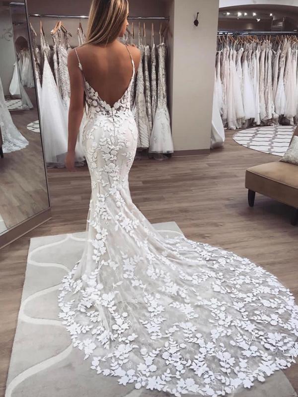 Chic Spaghetti Strap Backless Lace Applique Beaded Mermaid Wedding Dre AlineBridal Chic Spaghetti Strap Backless Lace Applique Beaded Mermaid Wedding Dre AlineBridal