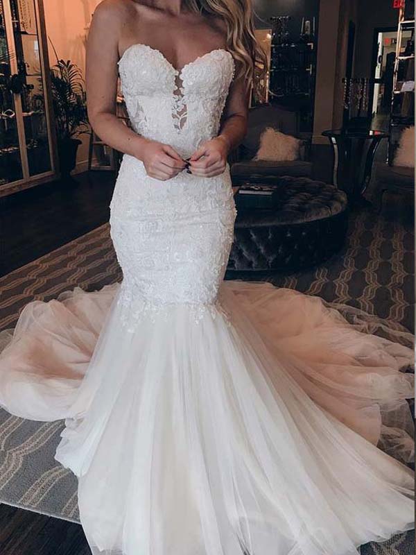 mermaid cut wedding dress Elegant Sweetheart Strapless Lace Applique Mermaid Long Wedding Dresse – AlineBridal