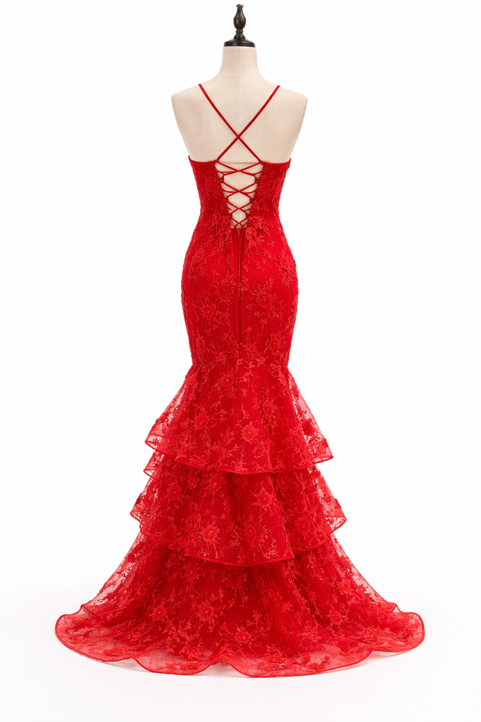 Stunning Red Floral Mermaid Prom Dress with Tiered Ruffles, Evening Dress