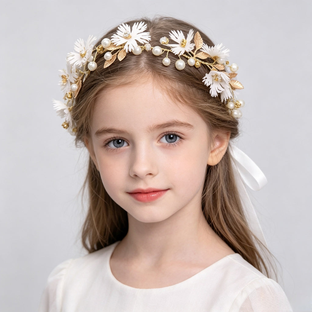 Girls White Flower & Pearl Floral Crown with Ribbon | Flower Girl Wedding Headpiece