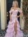 Sparkly Pink Off the Shoulder Lce Ruffles Tiered Mermiad Prom Dress, Evening Dress, PD382292