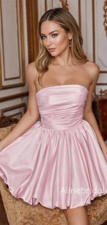 Elegant Strapless Pleated Bubble Hem Pink Soft Satin Short Homecoming Dress, Prom Dress, PD382261