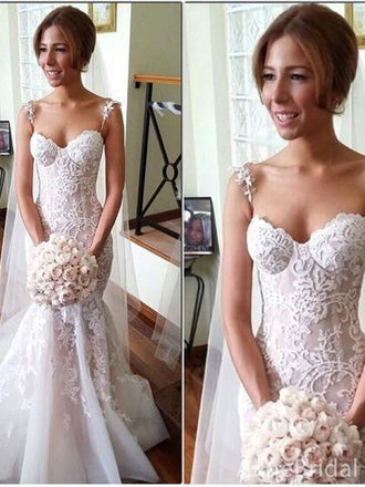Gorgeous Sweetheart Spaghetti Strap Mermaid Long Lace Wedding Dresses,WD3091