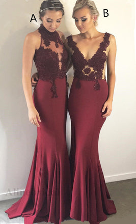 Mismatched Burgundy V-neck Sleeveless Lace Mermaid Bridesmaid Dress, PD3152