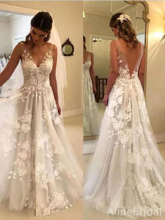 Gorgeous V-neck Lace Appliques A-line Long Wedding Dresses, WD3107