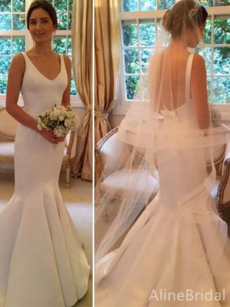Elegant  V-neck Straps Mermaid Long Wedding Dresses, WD3108