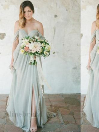 Elegant Off shoulder Side slit A-line Long Bridesmaid Dress, PD3160