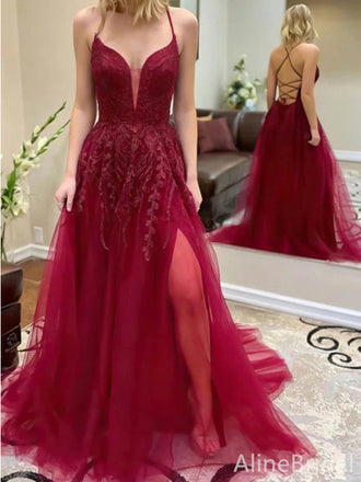 Elegant Red V-neck Lace Applique A-line Long Tulle Prom Dress, PD38078