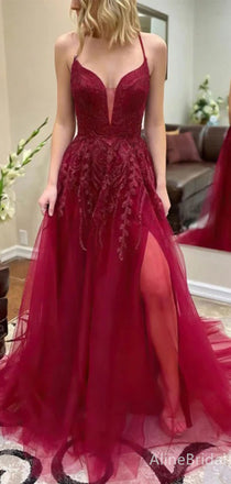 Elegant Red V-neck Lace Applique A-line Long Tulle Prom Dress, PD38078
