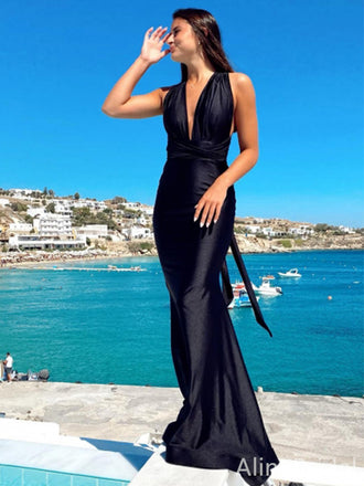 Sexy Black V-neck Backless Mermaid Long Prom Dress, Evening Dress, PD38084