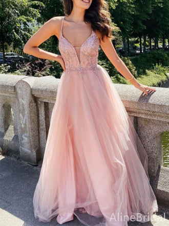 Gorgeous Pink V-neck Spaghetti Strap A-line Long Tulle Prom Dress with Beading, Evening Gown, PD38092