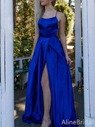Elegant Royal Blue Spaghetti Strap Split Side A-line Long Prom Dress, PD38093