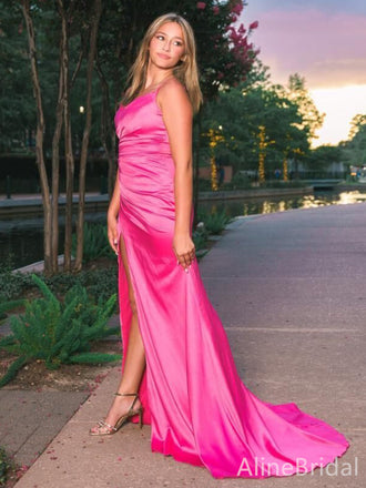Elegant Hot Pink Sweetheart Spaghetti Strap Side Slit Mermaid Long Prom Dress,PD38104