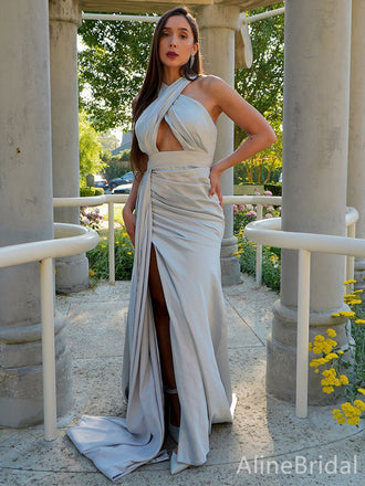 Sexy Light Grey Cross-Halter Side Slit Long Prom Dress, Evening Dress, PD38107