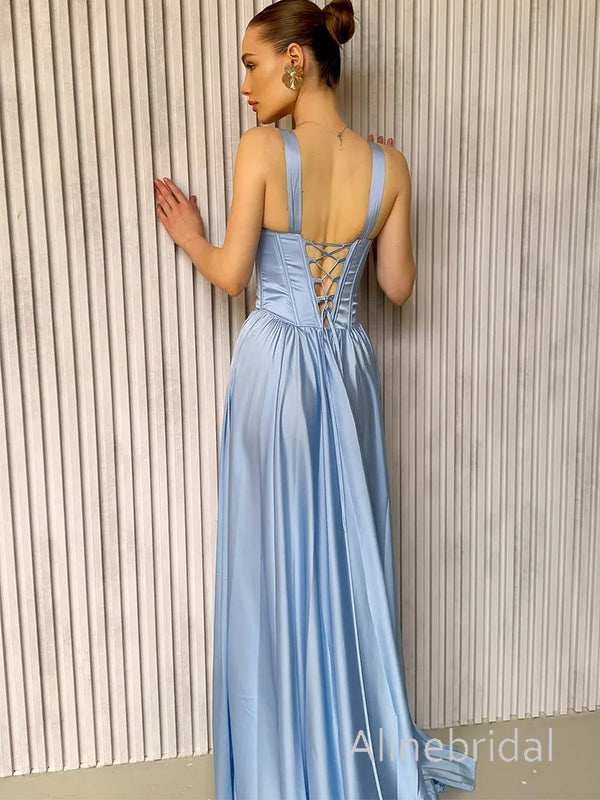 Pale Blue V-neck Corset A-line Long Prom Dress Online, Evening Dress, PD3823013